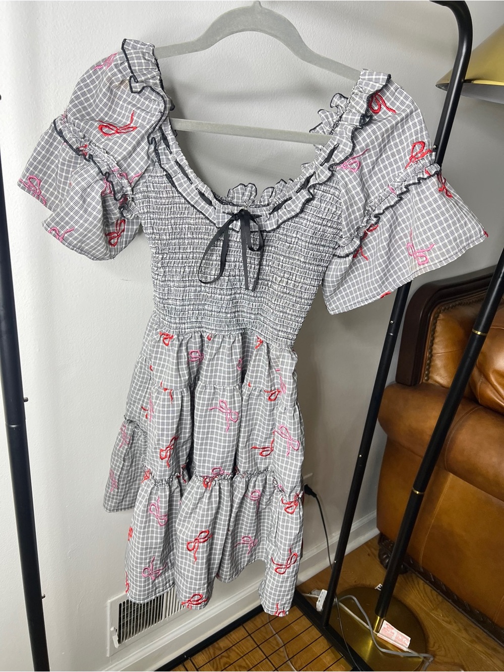 Free People Black and White Smocked Gingham Mini Dress with Black Ribbon - Picture 2 of 4